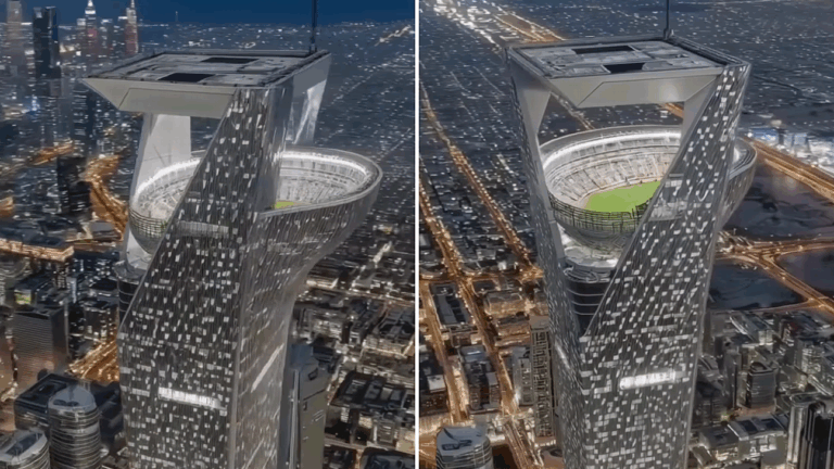 Vídeo viral sobre estádio no topo de arranha-céu é falso; arena saudita ficará a 350 m dentro da megacidade NEOM